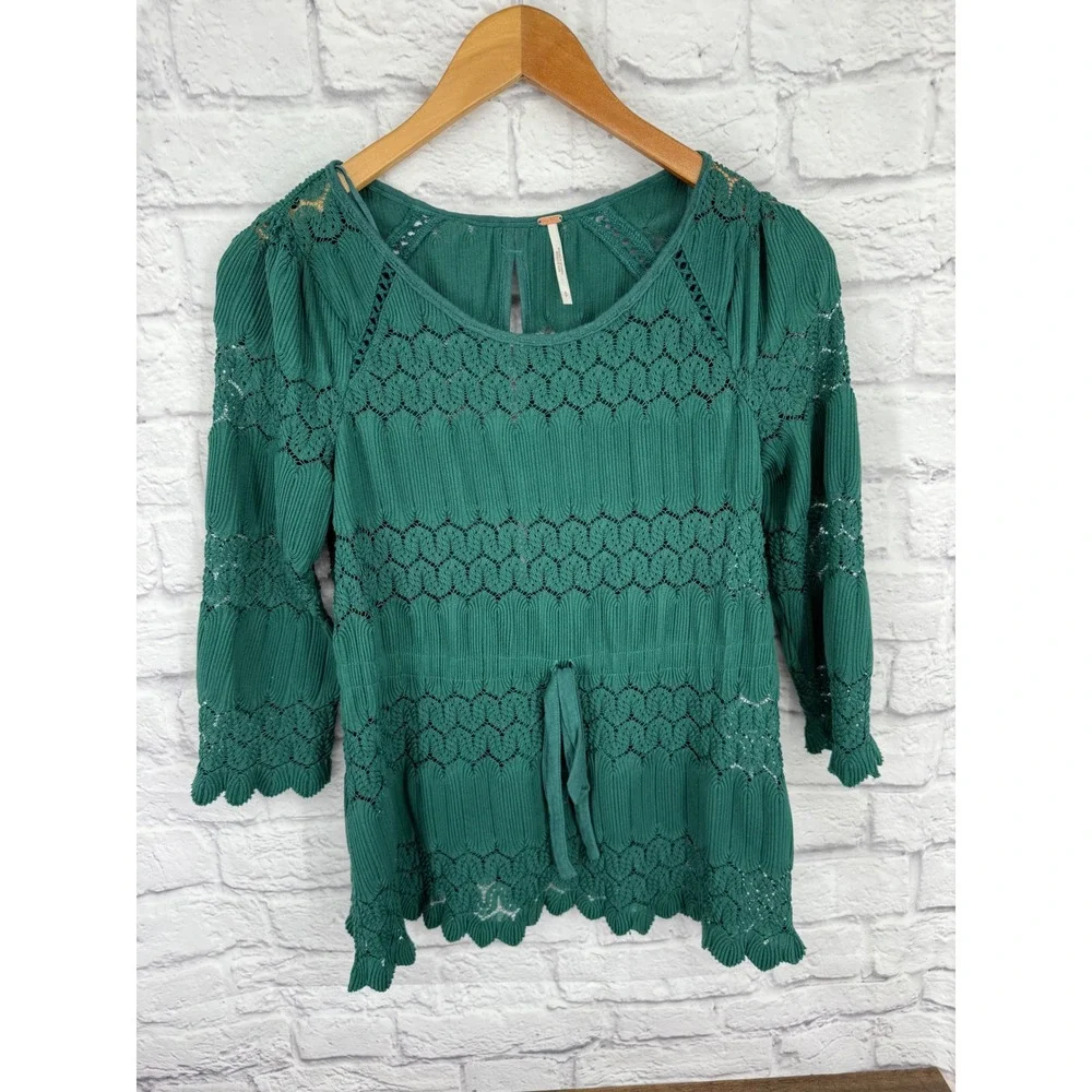 Free People Fire Island Crochet Knit Top XS Teal Green Lace Boho Peplum Blouse